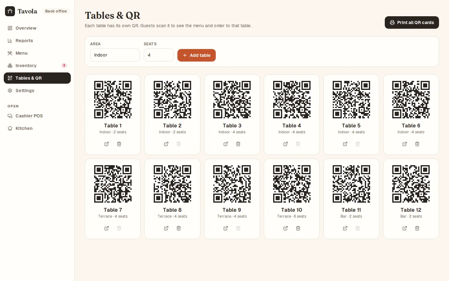 Tavola: QR meja & pengaturan